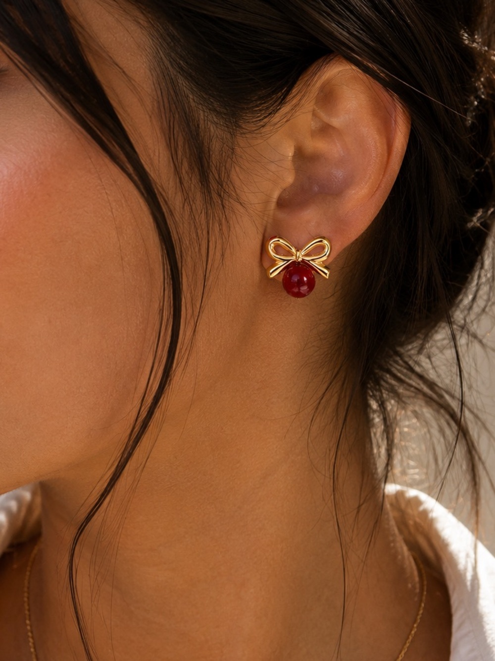 18K Gold Plated Red Bow Stud Earrings